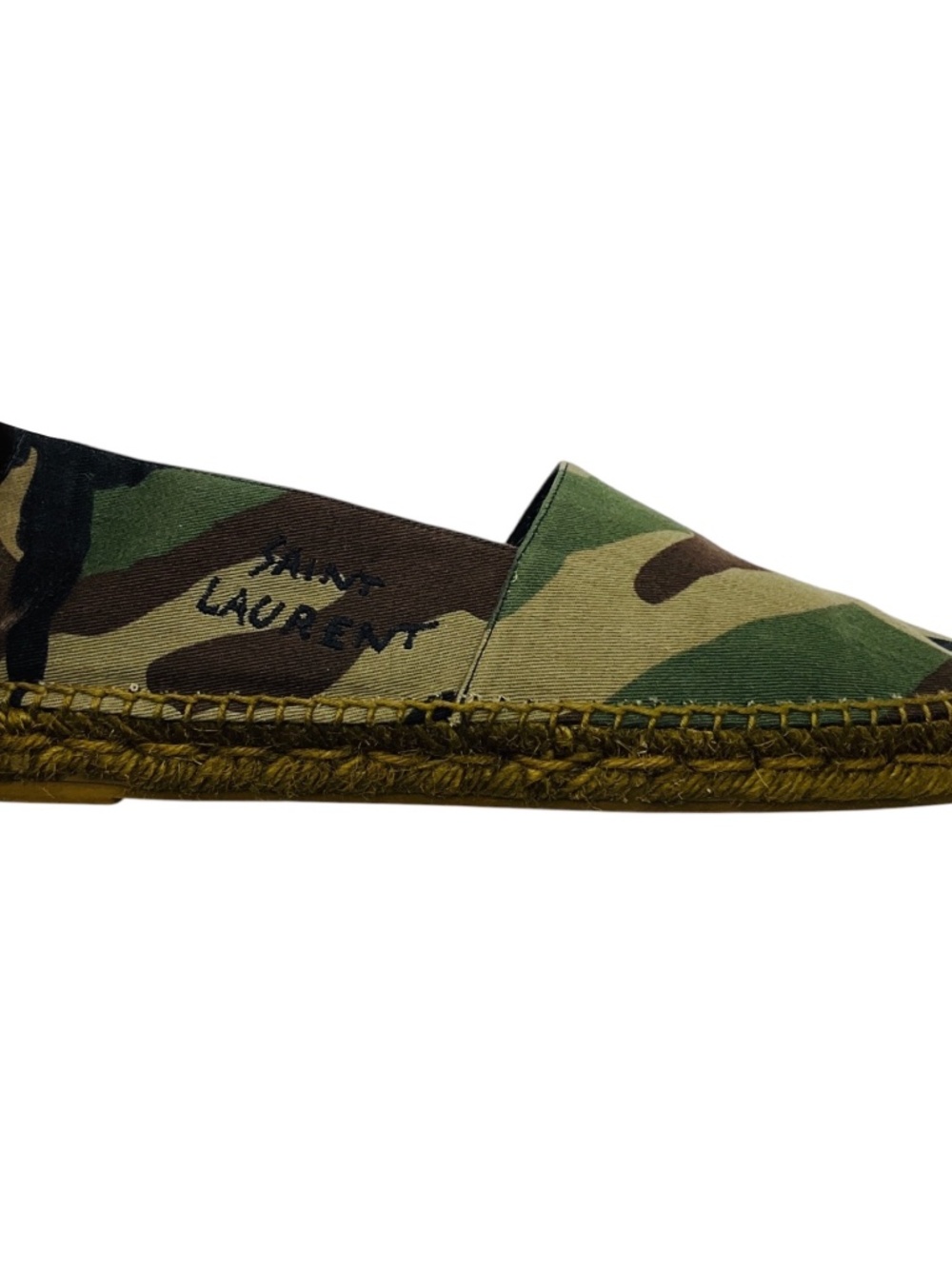 SAINT LAURENT GREEN CAMOUFLAGE PRINT LOGO EMBROIDERED CANVAS ESPADRILLE FLATS - Picture 2 of 8